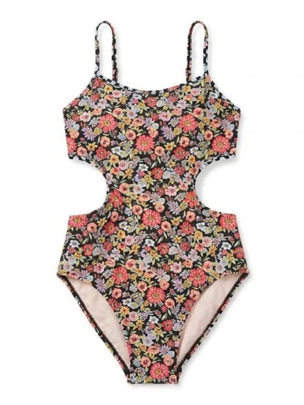 Kids Floral Cutout One-Piece Swimsuit Black Multicolor Flowers